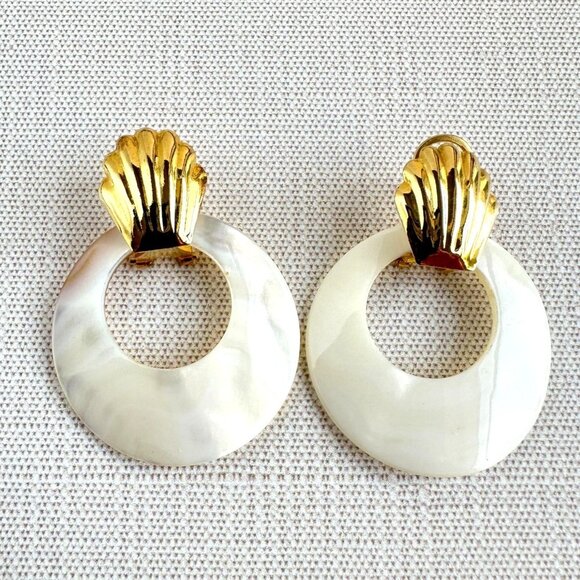 Gold-Tone Shell Earrings For Pierced Ears, Optional Mother Of Pearl Door Knocker - Picture 1 of 8